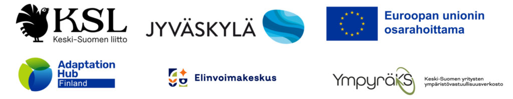 Kooste ilmastofoorumin järjestäjien ja yhteistyökumppaneiden logoista: Keski-Suomen liitto, Jyväskylän kaupunki, Euroopan unionin osarahoittama, Adaptation Hub Finland, Elinvoimakeskus ja YmpyräKS – Keski-Suomen yritysten ympäristövastuullisuusverkosto.